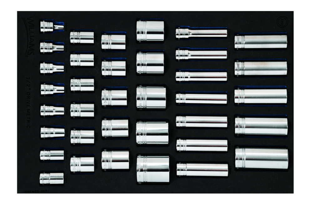 36 pc 1/2 Drive 12-Point Metric Shallow & Deep Socket Set in 1/3 Foam Drawer Inset<span class=' ItemWarning' style='display:block;'>Item is usually in stock, but we&#39;ll be in touch if there&#39;s a problem<br /></span>