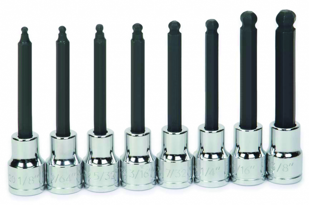 8 pc 3/8&#34; Drive -Point SAE Bit Long Ball Tip Hex Bit Socket Set on Rail and Clips<span class=' ItemWarning' style='display:block;'>Item is usually in stock, but we&#39;ll be in touch if there&#39;s a problem<br /></span>