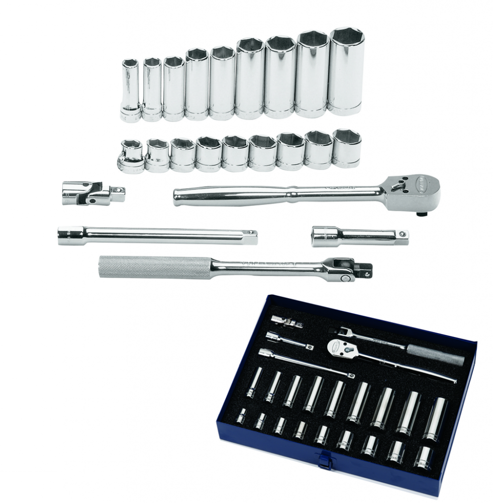 23 pc 3/8&#34; Drive 6-Point SAE Shallow and Deep Socket and Drive Tool Set Packed Keep Safe Foam<span class=' ItemWarning' style='display:block;'>Item is usually in stock, but we&#39;ll be in touch if there&#39;s a problem<br /></span>