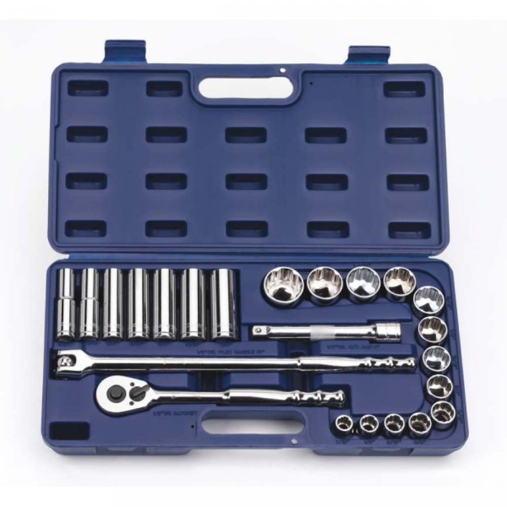 23 pc 1/2&#34; Drive -Point SAE Shallow and Deep Socket and Drive Tool Set Compact Case<span class=' ItemWarning' style='display:block;'>Item is usually in stock, but we&#39;ll be in touch if there&#39;s a problem<br /></span>