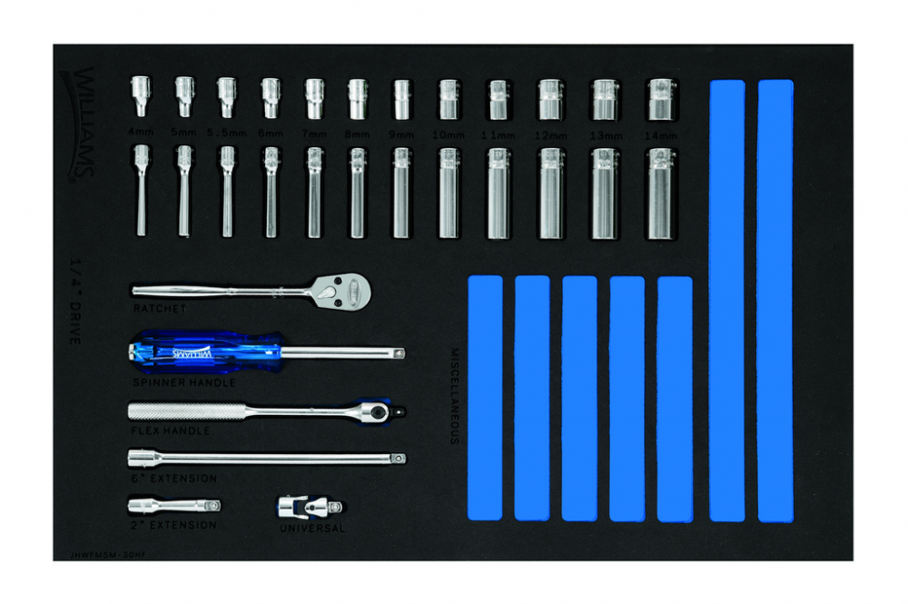 30 pc 1/4 Drive 6-Point Metric Shallow & Deep Sockets & Drive Tool Set in 1/3 Foam Drawer Inset<span class=' ItemWarning' style='display:block;'>Item is usually in stock, but we&#39;ll be in touch if there&#39;s a problem<br /></span>