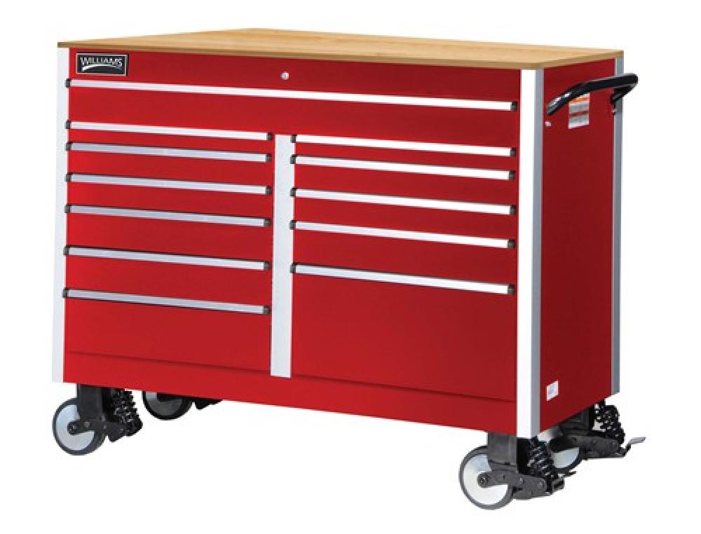 54 Wide x 24-1/2 Deep 12 Drawer Roll Cabinet Hardwood Top Red with Hardwood Top<span class='Notice ItemWarning' style='display:block;'>Item has been discontinued<br /></span>