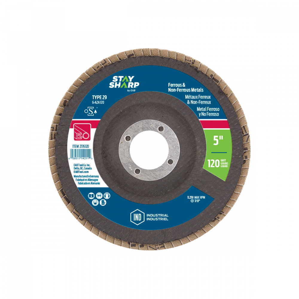 5&#34; x 120 Grit  Sanding & Cleaning Flap Disc Type 29<span class=' ItemWarning' style='display:block;'>Item is usually in stock, but we&#39;ll be in touch if there&#39;s a problem<br /></span>