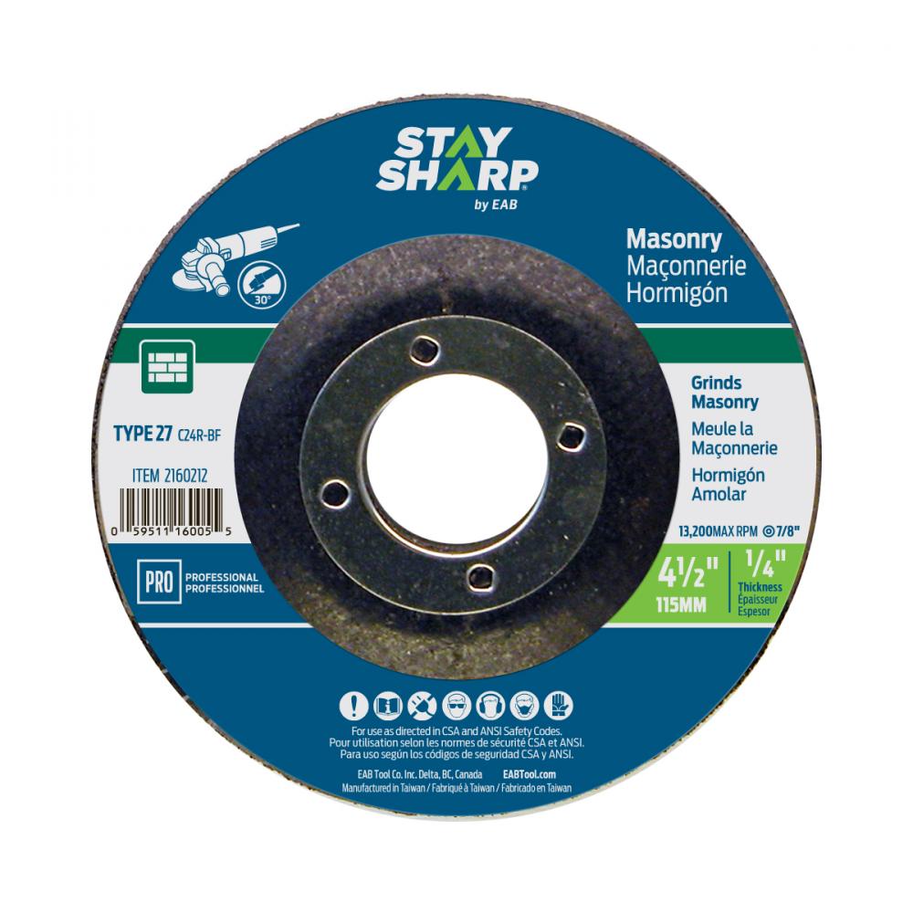 4 1/2&#34; x 1/4&#34;  Depressed Center Wheel Masonry Grinding Flat Wheel Type 27<span class=' ItemWarning' style='display:block;'>Item is usually in stock, but we&#39;ll be in touch if there&#39;s a problem<br /></span>